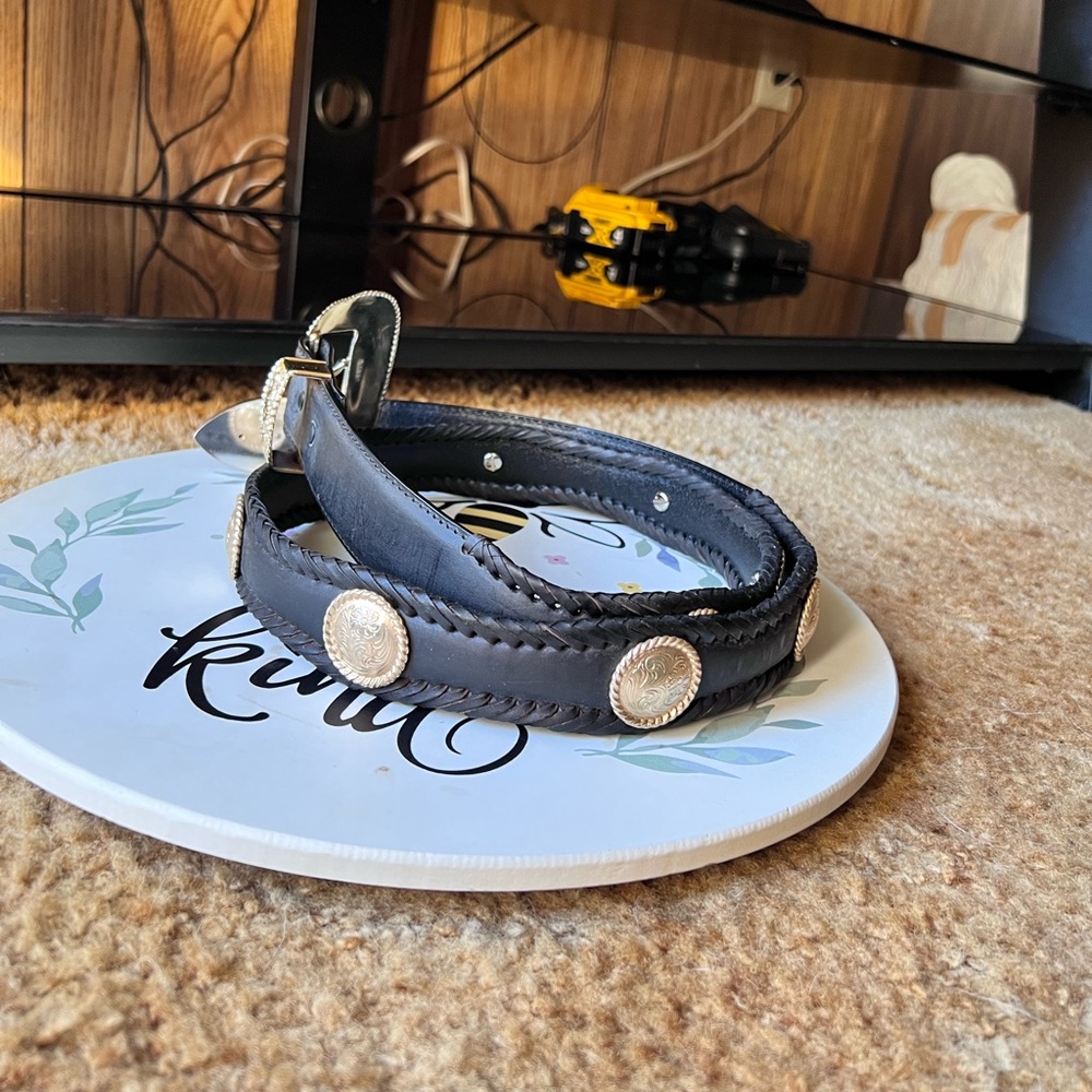 Women’s genuine black leather western belt with a gold-toned buckle and conchos. - Picture 3 of 17